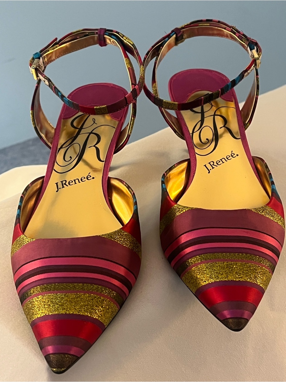 J.Renée Pink & Gold Striped Pointed-Toe Ankle-Strap Heels
